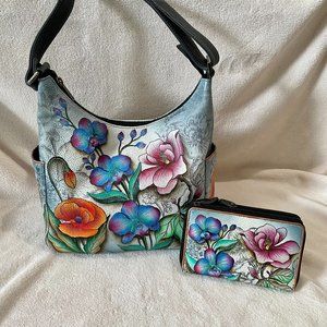 Anuschka Hobo Handbag with Matching Wallet- Floral Fantasy